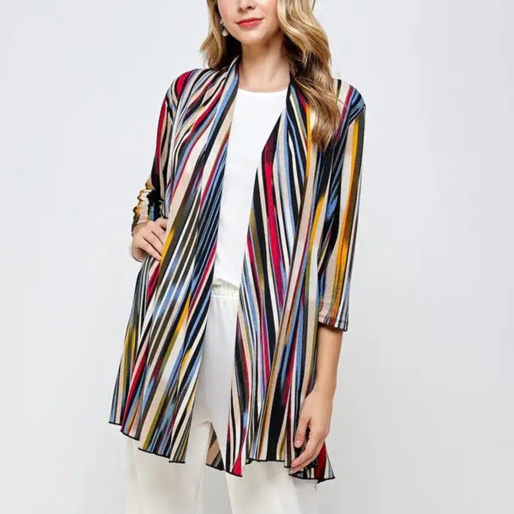 CREATION Open Front Geometric Multicolor Lightweight Striped Cardigan Blue 1X
